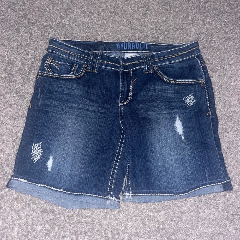 Hydraulic Women Distressed Denim Shorts Dark Wash Embroidered Pockets Size 15/16